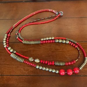 Red & bronze multi strand beaded necklace